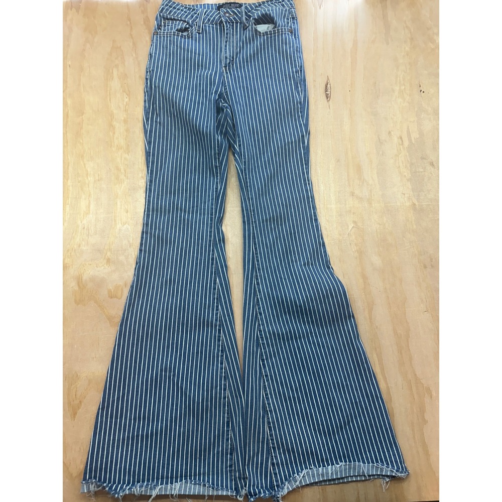 Judy‎ Blue Los Angeles Super Flare Striped Jeans Blue White High Rise Size 5/27
